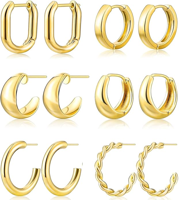 6 Pairs Gold Hoop Earrings Set for Women, Hypoallergenic 14K Gold Chunky Earrings, Lightweight Small Thin Cute Dainty Trendy Clip On Jewelry Gifts for Womens for Multiple Piercing (Gold & Silver)