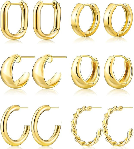6 Pairs Gold Hoop Earrings Set for Women, Hypoallergenic 14K Gold Chunky Earrings, Lightweight Small Thin Cute Dainty Trendy Clip On Jewelry Gifts for Womens for Multiple Piercing (Gold & Silver)