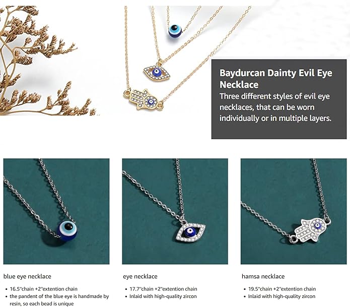 Baydurcan Dainty Evil Eye Necklace and Hamsa Necklace Turkish Blue Eye Hand Pendant Necklace 3pcs Lucky Jewelry Gift for Women