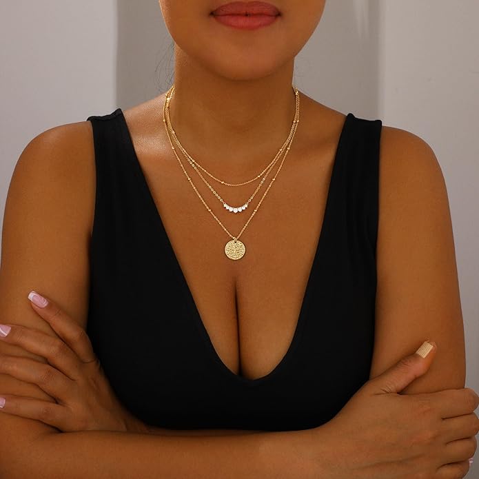 BBV Layered Gold Necklaces for Women Stackable Dainty 14K Gold Plated Silver Chain Necklace Layering Cute Fashion Pendant Choker Necklaces Trendy Jewelry Set Gifts for Women