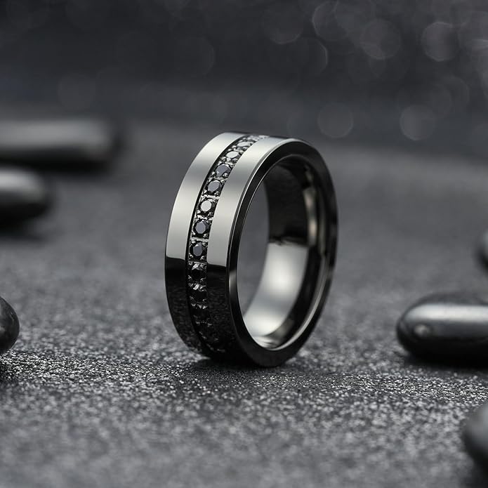 King Will Mens Tungsten Wedding Band with Cubic Zircon Inlay 7mm/8mm Flat Cut Comfort Fit Engagement Rings