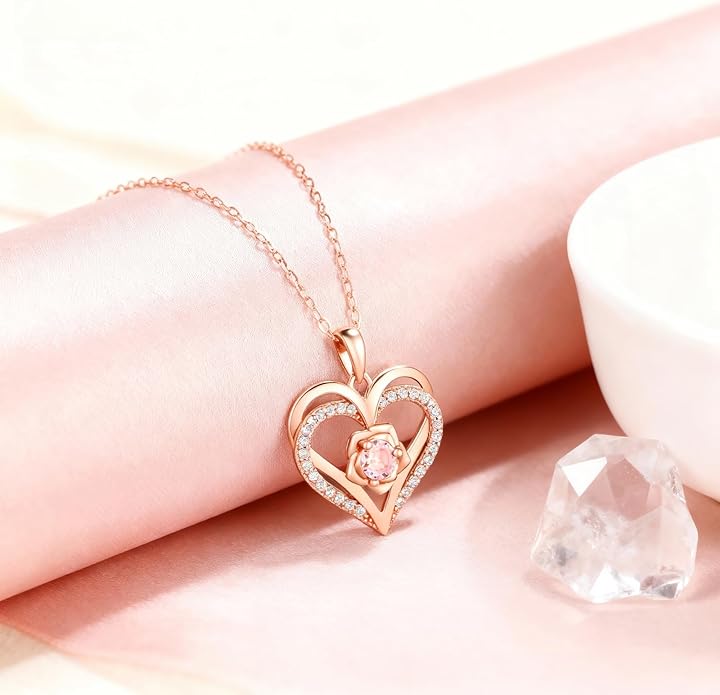 Birthstone Pendant Necklace for Women, Heart Jewelry with Rose Flower Birthday Gift Idea for Wife Girlfriend Mom Friendship on Valentine‘s Day Anniversary Christmas Wedding, 925 Sterling Silver
