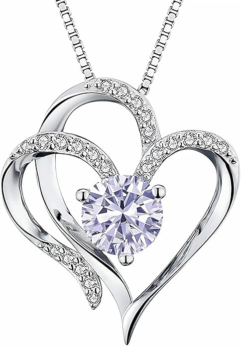 Double Heart Birthstone Necklace for Women - 925 Sterling Silver Adjustable Chain, 12-Month Cubic Zirconia Pendant, Gift for Wife/Girlfriend/Mom (Anniversary, Valentine's Day, Christmas)