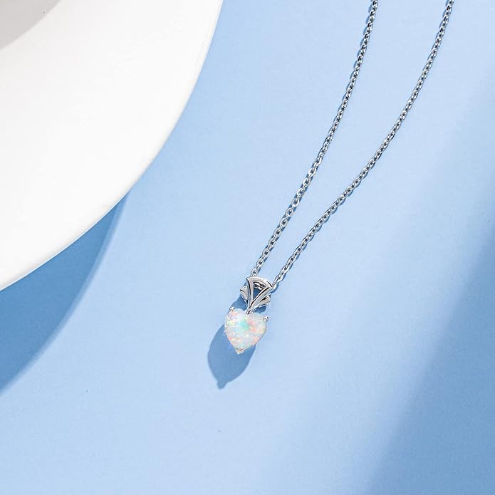 AGVANA Christmas Gifts 14K White Gold Gemstone Pendant with Sterling Silver Chain 8mm Heart Birthstone Necklace for Women Fine Jewelry Anniversary Birthday Gifts for Women Mom Wife Girlfriend Her