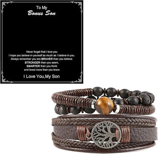 HZMAN Genuine Leather Tree of life Bracelets Men Women, Tiger Eye Natural Stone Lava Rock Beads Ethnic Tribal Elastic Bracelets Wristbands