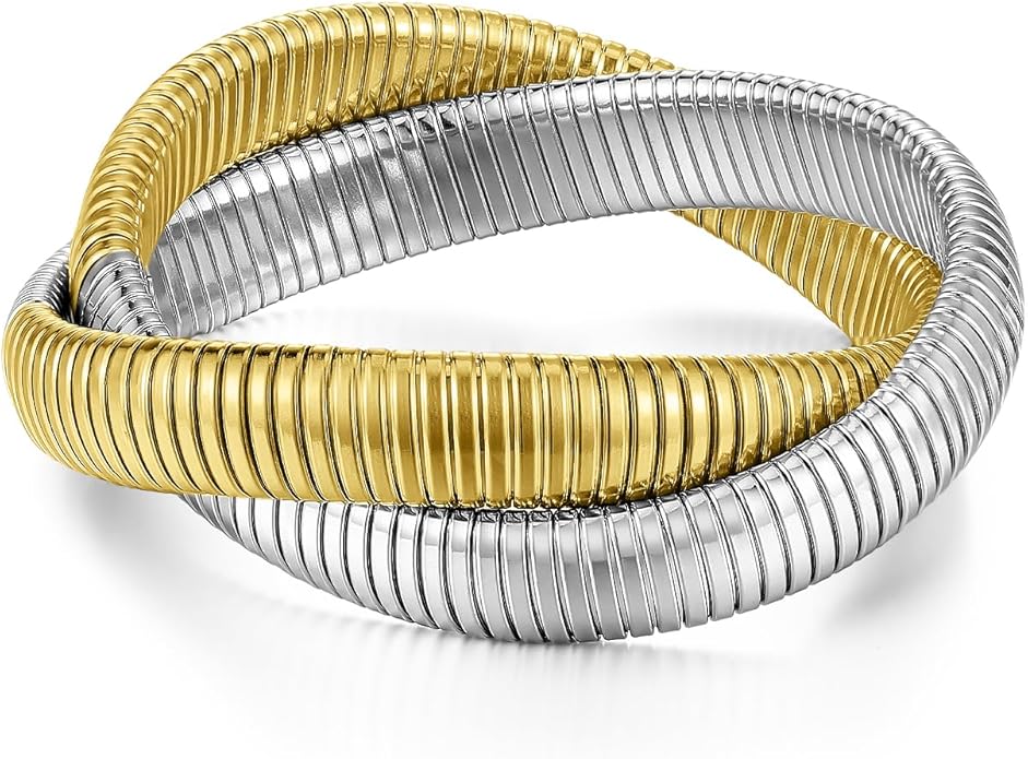 Emibele Gold Bangles Bracelet Set for Women, 18K Gold Plated Chunky Stainless Steel Non Tarnish Stretch Bracelet Stack, Flexible Wide Wristband Bangle Layered Snake Chain Bracelets