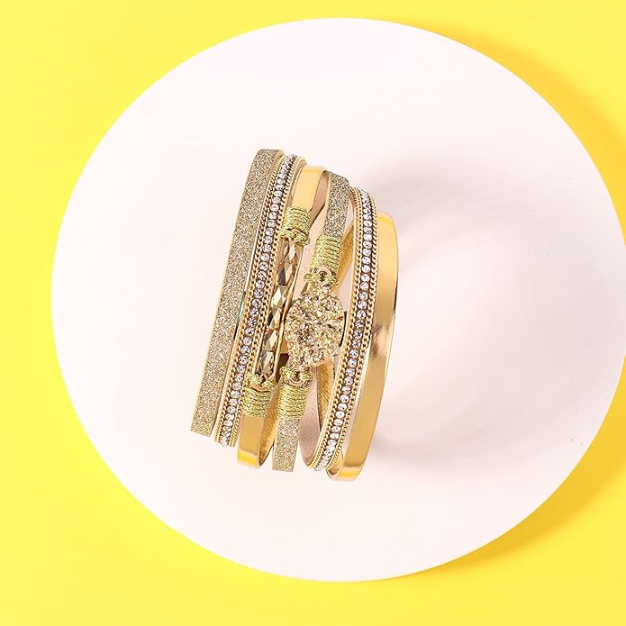 FANCY SHINY Leather Wrap Bracelet Boho Cuff Bangle Bracelets Crystal Bead Bracelet with Magnetic Clasp Jewelry Gifts for Women