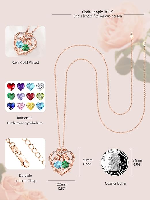 Rose Gold Necklaces for Women Double Birthstone Rose Flower Heart Pendant Necklace Jewelry Anniversary Christmas Valentine's Mother's Day Birthday Gift for Wife Mom Her Girlfriend Sister