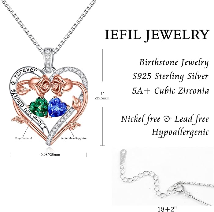 Iefil Rose Heart Double Birthstone Necklace Gifts for Wife Her Mom Women, Birthstone Jewelry Gemstone Birthday Gifts for Girlfriend Grandma Her Wife Women