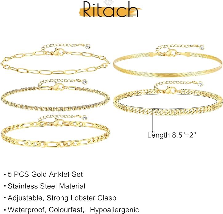 Ritach Ankle Bracelets for Women - Silver/Gold Plated Stainless Steel Anklets for Women Waterproof Layered Cuban Link Figaro Chain Heart Anklets Set Summer Beach Jewelry Gifts