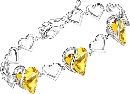 Leafael Infinity Love Heart Link Bracelets, Birthstone or Healing Stone Crystal Bracelet for Women, Silver Tone Jewelry Gifts for Her, 7-inch Chain and 2-inch Extender