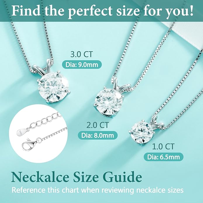 Moissanite Solitaire Necklace for Women, 1-3 Carat Lab Grown Diamond Pendant Jewelry D Color VVS1, S925 Sterling Silver with Gold Plating, 18+2” Silver Chain, Heart Engraving Gift for Wife Girlfriend Mom Yourself on Anniversary Birthday Wedding