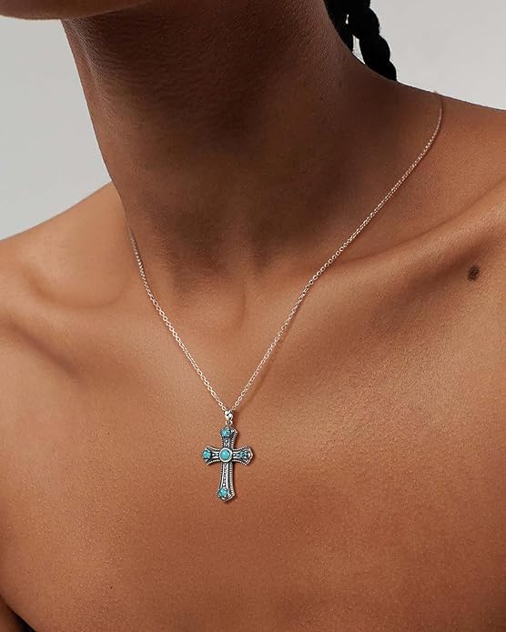 Turquoise Cross Necklace for Women, 925 Silver Western Bohemian Vintage healing Necklace, Faith Spiritual Boho Jewelry, Christian Religious Christmas Birthday Gift for Wife Girlfriend Mom