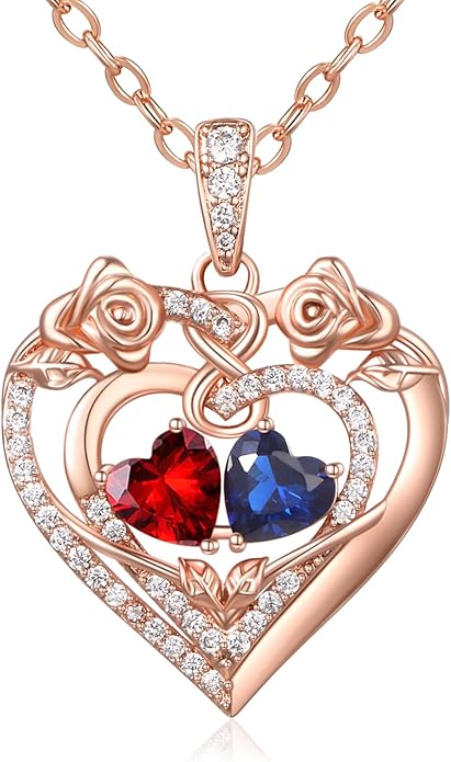 JIYVY32 Rose Heart Necklace for Women Exquisite 925 Sterling Silver Anniversary Birthday Gifts for Wife Mom Her Double Birthstone Pendant Jewelry