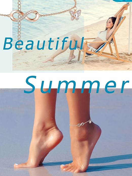 Moissanite Infinity Anklet for Women, Real Authentic 925 Sterling Silver Hypoallergenic, Beautiful Summer Jewelry, Dainty Ankle Bracelet, 8.6-10.6inch (21-26cm) Adjustable