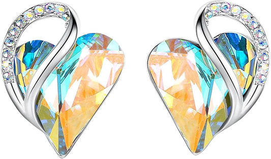 Earrings for Women, Mothers Day Gift for Mom, Heart Birthstone Crystal Stud Earring, Silver Plated Birthday Jewelry