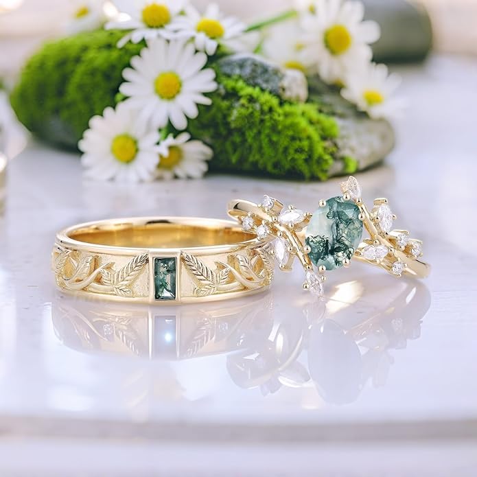 Moss Agate Promise Rings for Couples, 925 Sterling Silver/10K 14K 18K Solid Gold Natural Moss Agate Wedding Rings for Him And Her, Vintage Leaf Matching Couple Rings Anniversary Jewelry Gift
