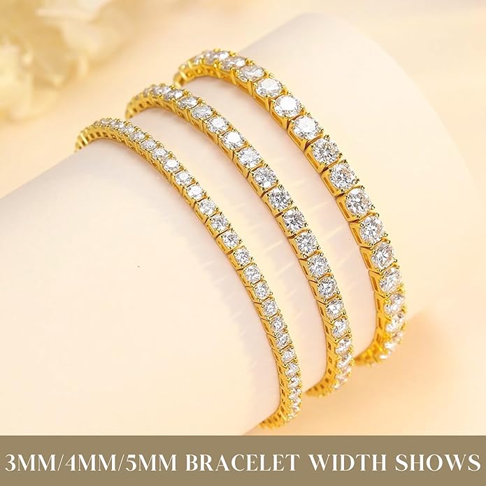 FANCIME Gold Moissanite Tennis Bracelet 1.2ct-12ct Lab Created Moissanite Diamond Bracelets,925 Sterling Silver Adjustable Bolo Tennis Bracelets, 2/3/4/5mm D Color VVS1 Round Cut Moissanite Bracelet for Women