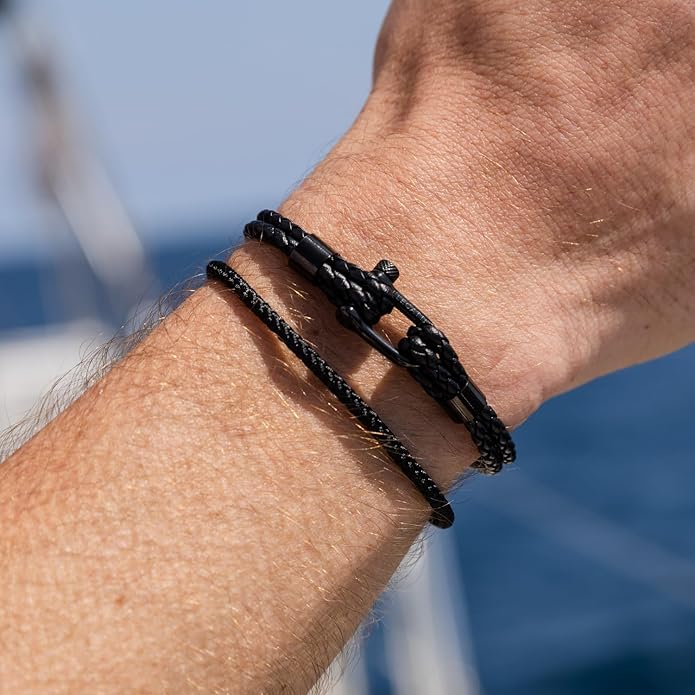 Elegatto Helix Premium Vintage Leather Bracelet for Men | Double Black Leather Strands with Sterling Silver Polished Mini Shackle Closure | Men’s Designer Jewelry