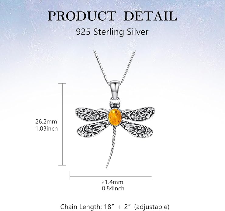 Vintage Dragonfly Necklace, 925 Sterling Silver Natural Amber Pendant, Boho Jewelry Unique Gift for Women