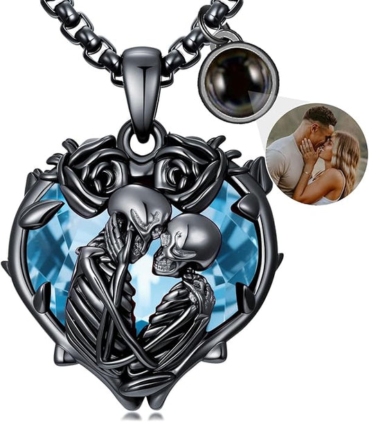 Flpruy 925 Sterling Silver Black Gothic Jewelry Gifts Skeleton Couple Pendant Crystal Birthstone Heart Necklace Punk Romantic Jewelry for Lover Men Women