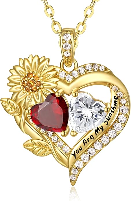 Sunflower Heart Necklace for Women 14K Gold Exquisite Anniversary Birthday Gifts for Wife Mother Her Double Birthstone Pendant jewelry‘You Are My Sunshine’