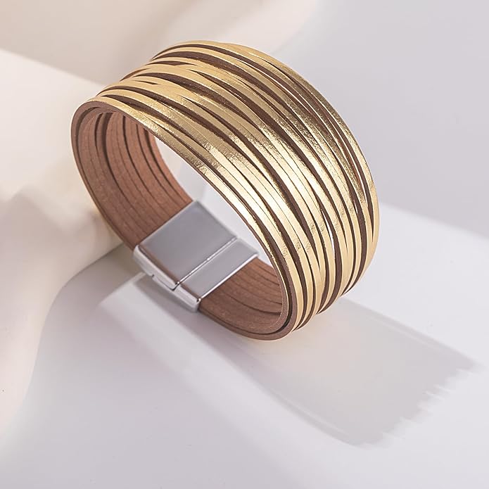 FANCY SHINY Boho Leather Wrap Bracelet Stackable Layered Bangle Cuff with Magnetic Clasp