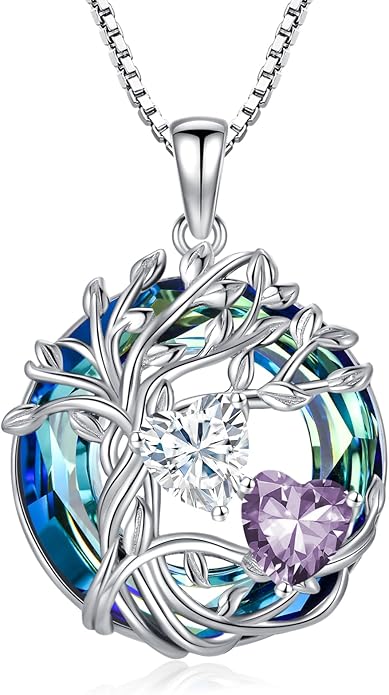 TOUPOP s925 Sterling Silver Family Celtic Tree of Life Pendant Necklaces with 2 Heart Birthstone with Blue Austrian Crystal Jewelry Birthday Anniversary Christmas Gifts for Her Wife Girlfriend Mom (18K Real White Gold Filled)