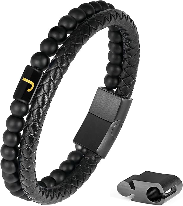 FOCOOG Leather Bracelets for Mens Gifts - Premium Genuine Leather Natural Lava Rock Matte Agate Adjustable Stainless Steel Magnetic Clasp Initial Bracelet, Unique Gifts for Men Husband Dad Son