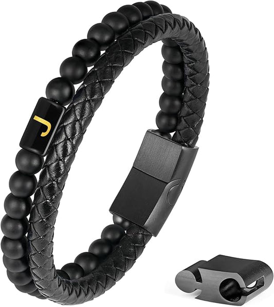 FOCOOG Leather Bracelets for Mens Gifts - Premium Genuine Leather Natural Lava Rock Matte Agate Adjustable Stainless Steel Magnetic Clasp Initial Bracelet, Unique Gifts for Men Husband Dad Son