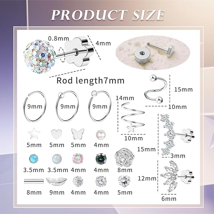 38pcs Silver Flat Back Stud Earrings for Women Hypoallergenic Surgical Steel Stud and hoops Earrings for Sensitive Ears Stacked Tiny Screw Backs Cartilage Tragus Earring Set for Multiple Piercing