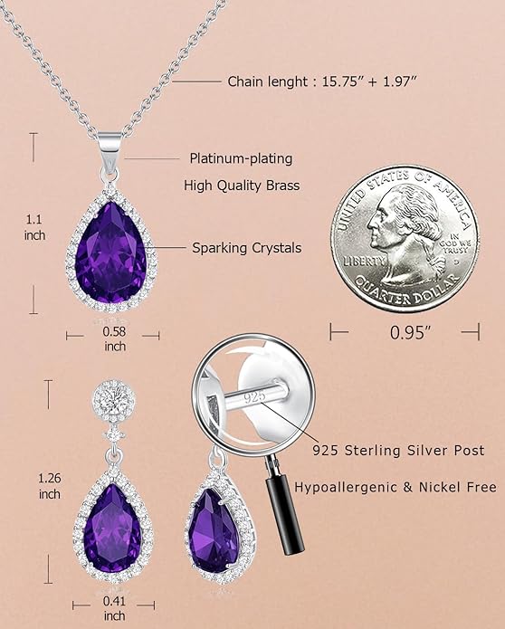 REASAYLL Jewelry Sets For Women 925 Sterling Silver Post Teardrop Dangle Stud Earrings Necklace Set Crystal Rhinestone Wedding Prom Costume Jewelry for Women