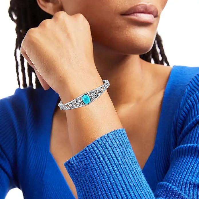 Christmas Jewelry Gift for Women-Genuine Turquoise Cuff Bracelet, Sterling Silver Western Vintage Floral Bangle Native American Jewelry, For 6.5-7.5 Inch Wrists