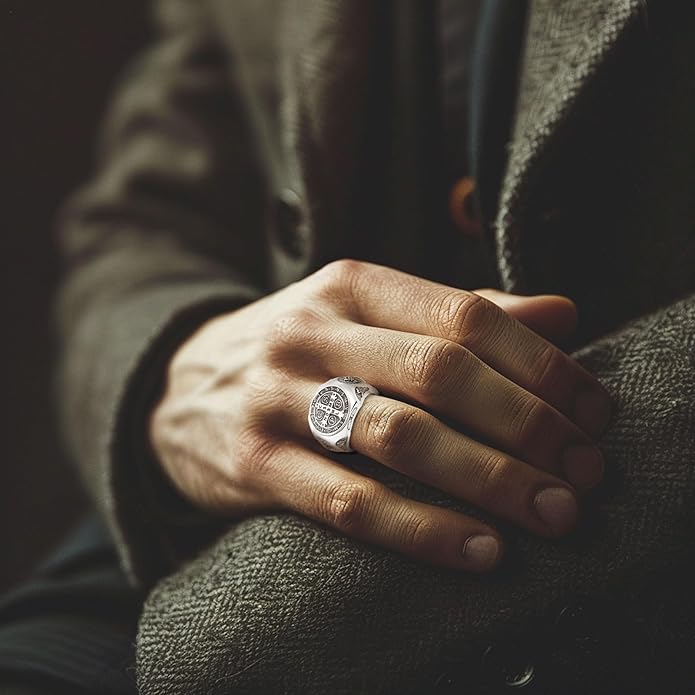 EUDORA S925 Sterling Silver St Benedict Ring San Benito Rings for Women Men, Vintage Ankh Cross Ring Saint Benedict Amulet Adjustable Rings Gifts for Women Mens Father Mother