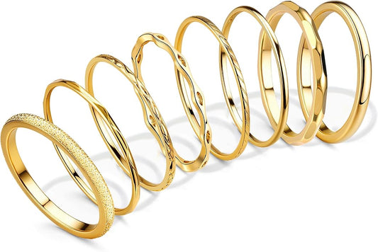YADOCA 8Pcs 1MM 2MM Stainless Steel Rings for Women Men Minimalist Fashion Dainty Plain Thin Knuckle Stacking Midi Thumb Rings Stackable Statement Band Rings Set Silver Gold Tone Size 4-12