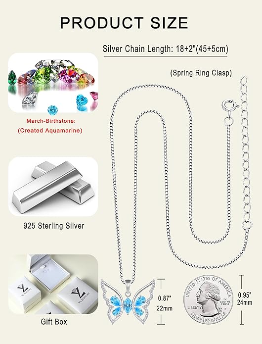 YL Women's Butterfly Necklace 925 Sterling Silver Flower Rose Pendant Birthstone Halo Jewelry