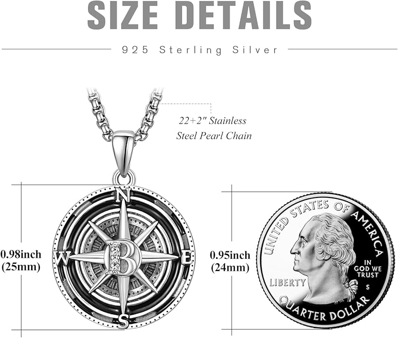 KINGWHYTE Compass Necklace for Men 925 Sterling Silver Birthday Gifts Graduation Travel Jewelry for Husband Brother with Stainless Steel Chain