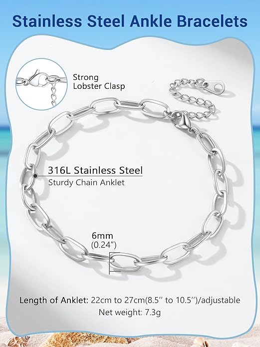 PROSTEEL Stainless Steel Chain Anklets for Women, Silver/Gold Tone, Ankle Bracelets Hypoallergenic, 8-10.5 Inch Adjustable, Come with Box