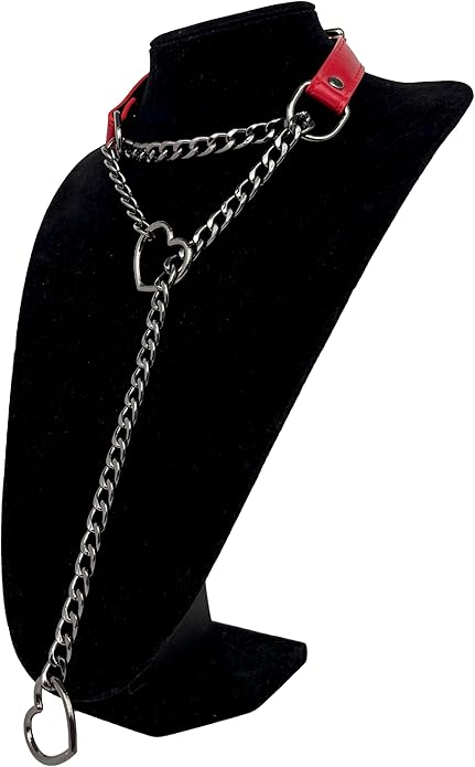 Black Leather Choker Collar For Women, Handmade Heart Slip Chain Choker Long Necklace with Adjustable Buckle