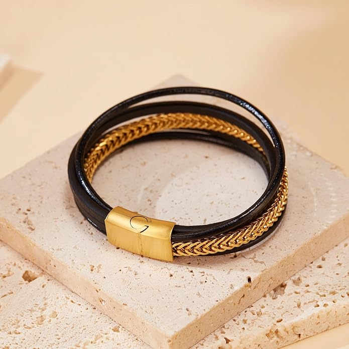 Italian Handmade Genuine Leather Bracelets for Men Stainless Steel Clip, Men's Casual Genuine Multi-layer Cuff Bracelet, Bracelet Gift for Real Men