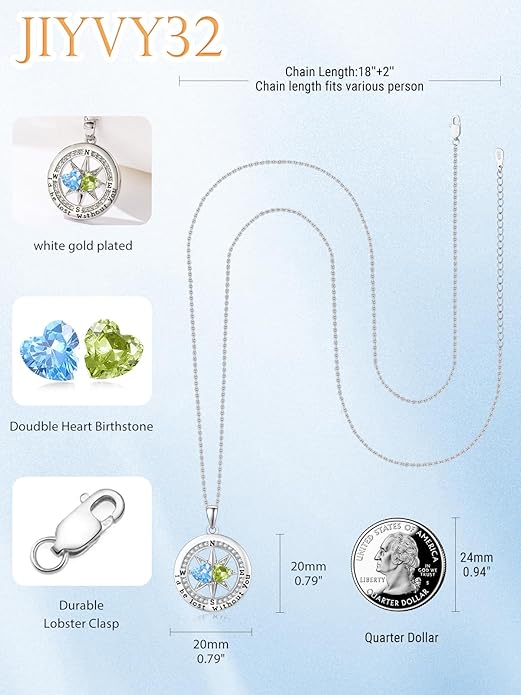 Compass Birthstones Necklace for Women, Exquisite Anniversary Birthday Gifts for Wife Her Double Birthstone Pendant jewelry ‘I'd be Lost Without You’