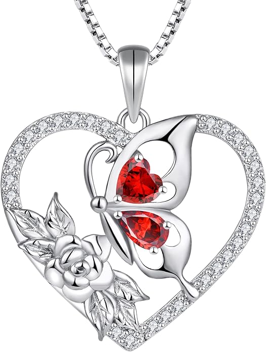 YL Women's Butterfly Necklace 925 Sterling Silver Flower Rose Pendant Birthstone Halo Jewelry