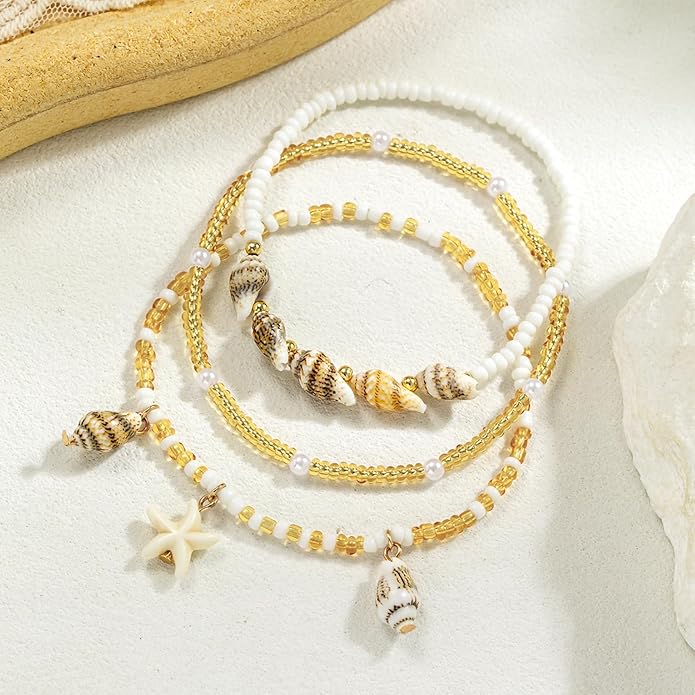 Shell Ankle Bracelet Set for Women, Gold Plated Boho Bead Adjustable Anklet, Hawaiian Beach Seashell Pearl Heart Starfish Conch Foot Jewelry Gifts