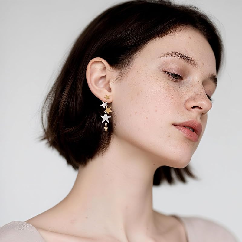 Gold and Silver Sparkly Big Star Drop Earrings Mixed Metal Two Tone Long Tassel Stud Earrings for Women Star Dangling Celestial Jewelry