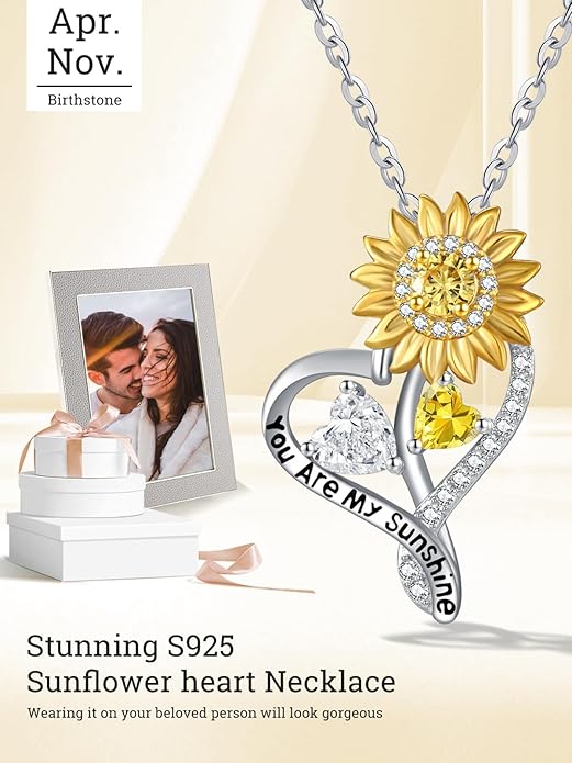 Zeuslia Double Birthstone Necklace Gifts for Wife - 925 Sterling Silver Sunflower/Rose/Crown Cross/Compass/Heart Pendant I Love You Necklace, Anniversary Birthday Gifts for Wife Girlfriend Mom Her
