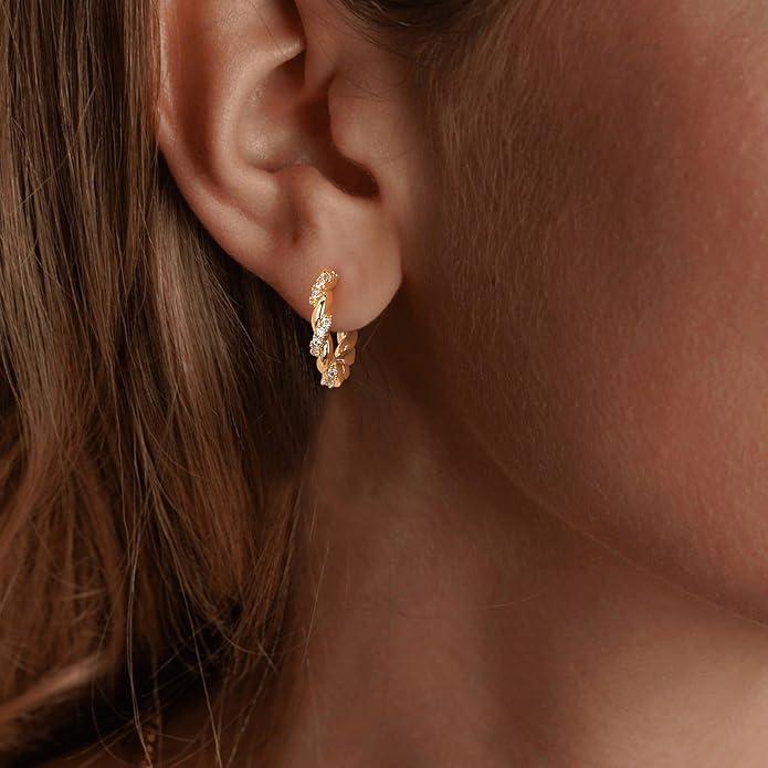 Gold Huggie Hoop Earrings 14K Gold Plated Dainty Chunky Thick Hoop Diamond Cubic Zriconia Inlay Sleeper Tiny Delicate Boho Beach Simple Hypoallergenic Jewelry Gift for Her
