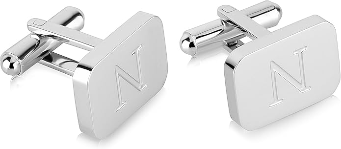 18K White-Gold Plated Initial Engraved Stainless Steel Men’s Cufflinks With Gift Box -Personalized Alphabet Letter’s A-Z By Lux & Pair