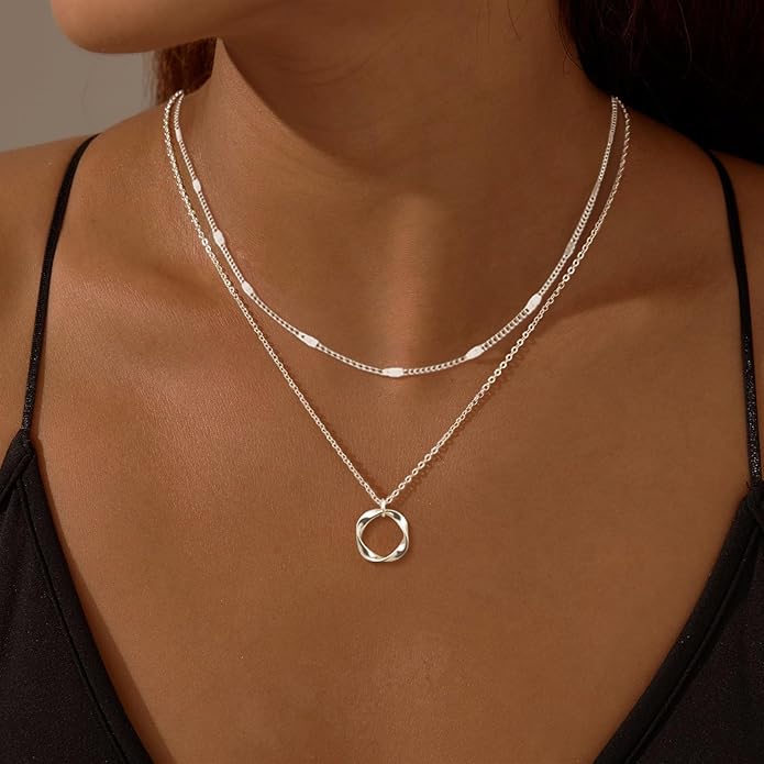 OGD Layered CZ Rondelle Pendant Necklaces for Women, 14K Gold Plated Trendy Mariner Chain Dainty Circle Rondelle Pendant Choker Necklace for Women Two-Toned Cubic Zirconia Gold Necklace