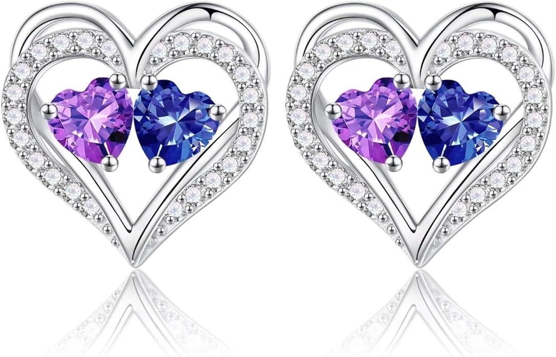 Iefil Birthstone Earrings for Women - 925 Sterling Silver Heart Earrings Anniversary Birthday Gifts for Women Wife Girlfriend Mom