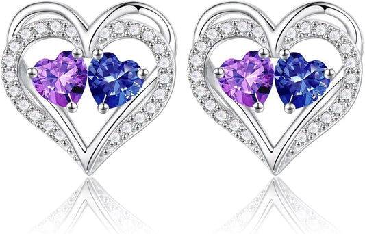 Iefil Birthstone Earrings for Women - 925 Sterling Silver Heart Earrings Anniversary Birthday Gifts for Women Wife Girlfriend Mom